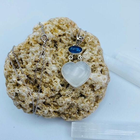 Selenite Divine Light & Kyanite Heart Sterling Silver Pendant Necklace - Picture 5 of 9